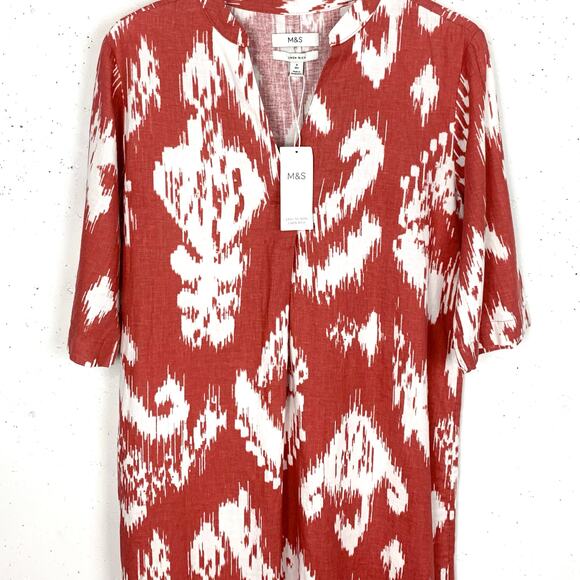 M&S Womens Linen Rich Printed V-Neck Tunic Dress 3/4 Sleeves Sienna Red Size 8 - Picture 11 of 15